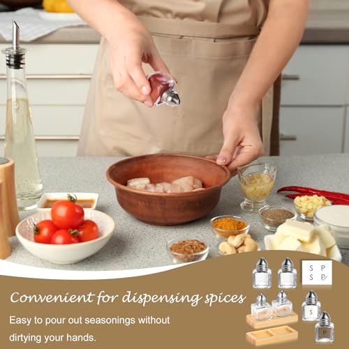 12 Pcs Mini Salt and Pepper Shakers Set with 6 Wood Organizer Sticker 0.5 oz Small Glass Salt and Pepper Shakers Bulk Tiny Individual Salt and Pepper Shakers Cube Spice Jars for Travel Party Camping