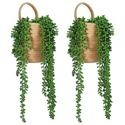 Umigy 2 Pack Wall Hanging Rope Baskets with 4 Pcs Faux Strings of Pearls Plant Jute Hanging Basket with Artificial Succulents for Porch Living Room Bedroom Entryway Patio Outdoor Decoration