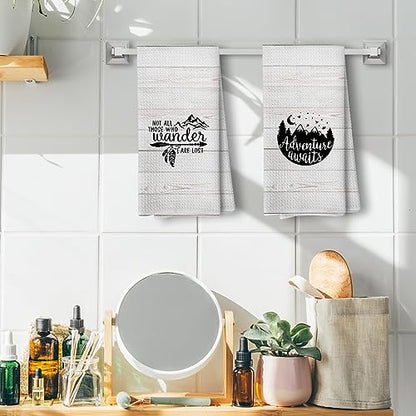 Camping Kitchen Towels, Dish Towels, Gifts for Women Men, RV Decor, Campsite Decor, Happy Camper Hand Towel, Supplies for RV Campers 12x12 Inch Set of 4