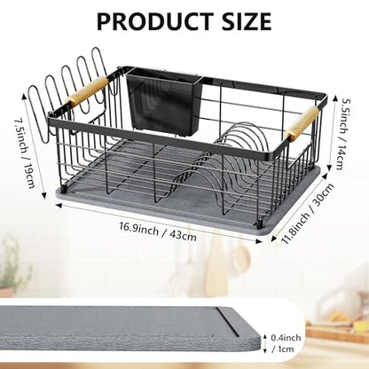 Dish Drying Rack Black with Diatomaceous Earth 1 Tier,Multifunctional Dish Racks for Kitchen Counter Quick-Drying,Large Capacity Space Saving with Cutlery Cups Holder - color: Black, size: 1 Tier