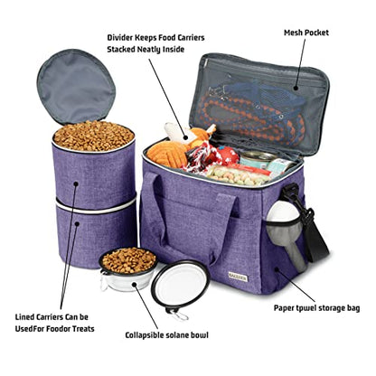BAGLHER Dog Travel Bag Backpack Pet Supplies Backpack 5-Piece Set with Shoulder Strap 2 Lined Pet Food Containers 2 Foldable Feeding Bowls Essential Kit for Pet Travel - color: Purple, size: Medium