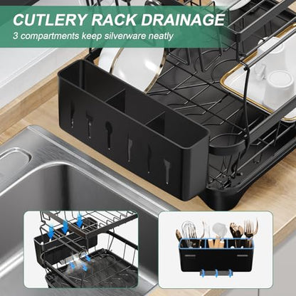 Dish Drying Rack, 2-Tier Large Dish Drying Rack for Kitchen Counter – Space Saving Dish Drainer Organizer with Utensil Holder and Cutlery Tray, Black - color: 2-tier - Black