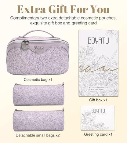 BOYATU Travel Makeup Bags Cosmetic Organizer Bag: 3-Set Large Capacity Make up Bag - PU Leather Toiletry Bags for Women - Wide Open Portable Pouch with Divider & Handle (A-Violet) - color: A-Violet