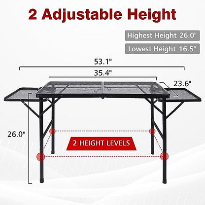 JOUYEK Folding Grill Table, 3x2 FT Portable Camping Table with 2 Wing Panels, Height Adjustable Metal Tables with Mesh Desktop and Mesh Bag, Outdoor Furniture for Camping, Picnic, Beach and BBQ, Black - style: 3X2 FT with 2 panels