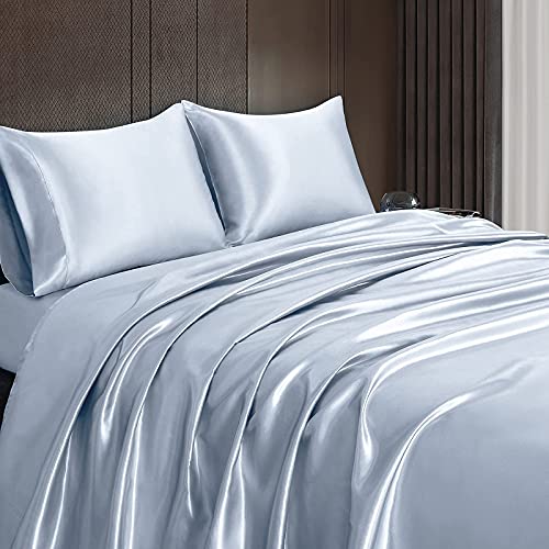Homiest 3pcs Satin Sheets Set Luxury Silky Satin Bedding Set with Deep Pocket, 1 Fitted Sheet + 1 Flat Sheet + 1 Pillowcases (Twin Size, Baby Blue) - color: Baby Blue, size: Deep pocket - Twin size
