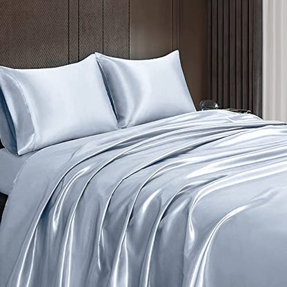 Homiest 3pcs Satin Sheets Set Luxury Silky Satin Bedding Set with Deep Pocket, 1 Fitted Sheet + 1 Flat Sheet + 1 Pillowcases (Twin Size, Baby Blue) - color: Baby Blue, size: Deep pocket - Twin size