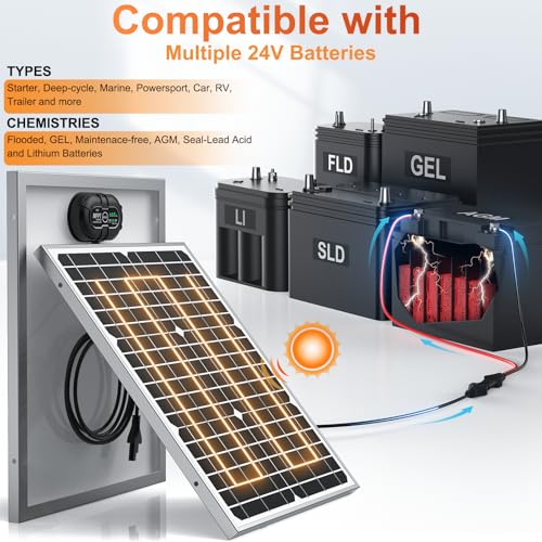 SUNER POWER 24V 20W Solar Battery Charger Maintainer, Built-in Ultra Smart MPPT Charge Controller, Waterproof 20 Watt Solar Panel Trickle Charging Kit for 24Volt AGM, Lead-Acid, Lifepo4 Battery - size: 20W-24V Ultra