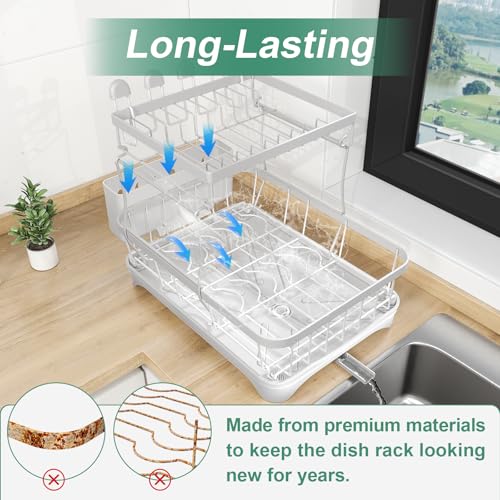 Dish Drying Rack, Two-Tier Dish Drying Rack with Utensil Holder and Cutlery Tray – Auto-Draining Large Capacity Dish Drainer with Drainboard for Kitchen Counter, White - color: 2-tier - White
