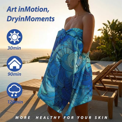 Puomue Microfiber Lightweight Beach Towel, 71 Inch X 32 Inch, Ultra Portable, Sand Free, Quick Dry, Thin and Large Size Towel for Travel, Camping, Swimming (Waves, 71“ X 32”)