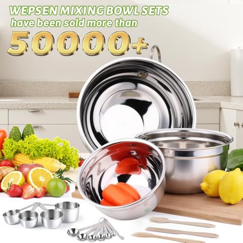 WEPSEN Mixing Bowls Set, 25PCS Khaki Mixing Bowls With Lids Set Stainless Steel Kitchen Large Nesting Metal Bowl 7QT to 1.5QT, Measuring Cups and Spoons for Prepping Cooking Serving - color: Khaki Bowls Set