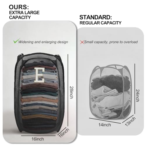 Collapsible Pop Up Laundry Hamper, Extra Large with Removable Initial Letter E, Mesh Foldable Laundry Basket, 28" x 16" x 16" (Black) - color: 1P BlackE