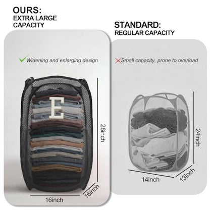 Collapsible Pop Up Laundry Hamper, Extra Large with Removable Initial Letter E, Mesh Foldable Laundry Basket, 28" x 16" x 16" (Black) - color: 1P BlackE