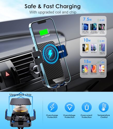 Wireless Car Charger, MOKPR 15W Fast Charging Auto-Clamping Phone Mount Air Vent Cell Phone Holder Compatible iPhone 15/14/13/13 Pro/12 pro/12/11/X/8, Compatible Galaxy S23/S22/S21/S20, etc Blue - color: Blue Arm