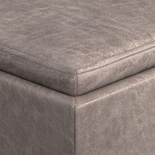SIMPLIHOME Rockwood Cube Storage Ottoman with Tray - 17" Wide x 17" High Upholstered Vegan Leather Square Storage Ottoman in Distressed Grey Taupe, Contemporary Cube Ottoman with Serving Tray - color: Distressed Grey