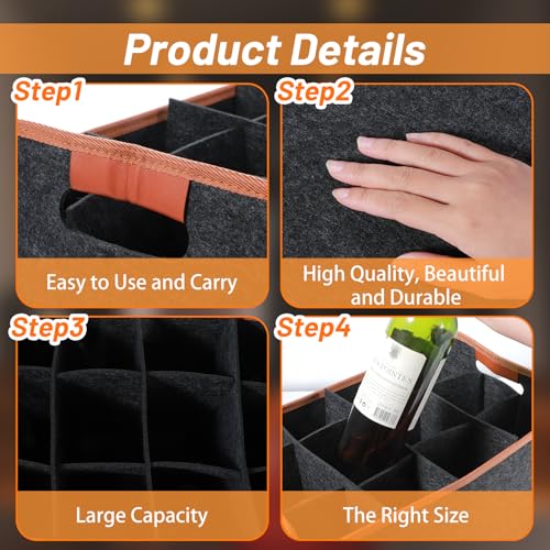 2 Pack 12 Bottle Wine Tote Bag Insulated Thermal Padded Collapsible Wine Carrier with Handles Reusable Felt Storage Box for Travel, Picnic, Party (Dark Gray)