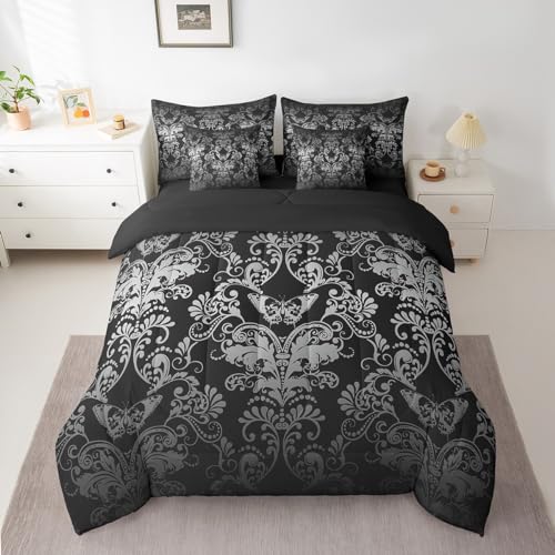 Erosebridal Gothic Damask Comforter Set 7 Piece Bed in a Bag Twin,Butterfly Skull Bedding Sets White Black Victorian Floral Goth Sheet Set with Comforter - color: Multi 05, size: Twin(7-Pieces)