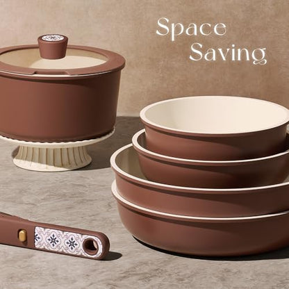 CAROTE 19Pcs Ceramic Cookware Set, Pots and Pans Set Non stick, Non Toxic Cookware Detachable Handle, Kitchen Cooking Set - Induction Cookware, Dishwasher/Oven Safe, PFAS Free, Chocolate - color: Chocolate, size: 19 Piece