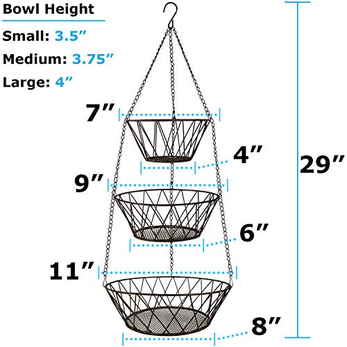 Heavy Duty - 3 Tier Hanging Kitchen Bronze Fruit Basket - color: Bronze