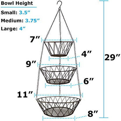 Heavy Duty - 3 Tier Hanging Kitchen Bronze Fruit Basket - color: Bronze