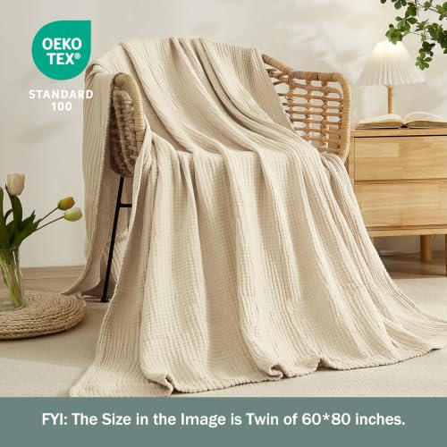 EMME Cotton Throw Blanket for Couch Soft Muslin Blankets 50"x60" Lightweight Breathable Blanket Beige All Season Gauze Blanket - color: 02 - Beige, size: Throw (50" x 60")