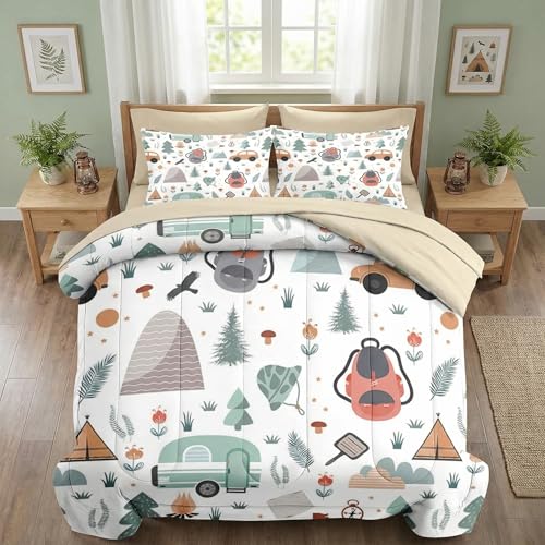 Nesker 5 Pcs Comforter Set Twin Size, Cabin Camping Bedding Set for Kids and Adults, Vintage Rv Wood Adventure Bed Sheet Sets with Fitted Sheet Pillowcase & Sham - color: Camping, size: Twin