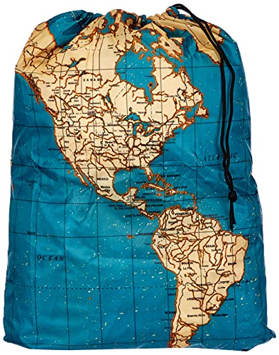 Kikkerland Travel-Size Laundry Bag, World Map Design Heavy Duty Laundry Bag, Polyester, Built-in Pouch, Inner Loop and Carabineer, Multicolor - style: World