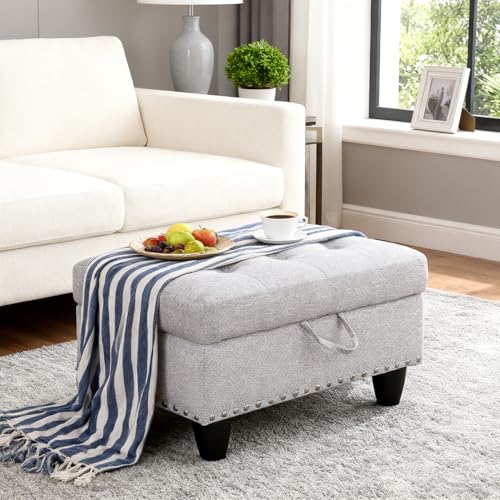 Chesterfield Storage Ottoman Footstool Bench for Living Room Furniture,28.5" Square Foot Rest Stool Coffee Table,Retro Rivet Ottoman for Home Decor,Bedroom,Apartment,Rv Car(Light Grey Linen) - color: Rivet Light Grey Linen 28.5