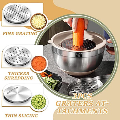 Mixing Bowls with Airtight Lids Set, 26PCS Stainless Steel Khaki Bowls with Grater Attachments, Non-Slip Bottoms & Kitchen Gadgets Set, Size 7, 4, 2.5, 2.0,1.5, 1QT, Great for Mixing & Serving - color: Khaki