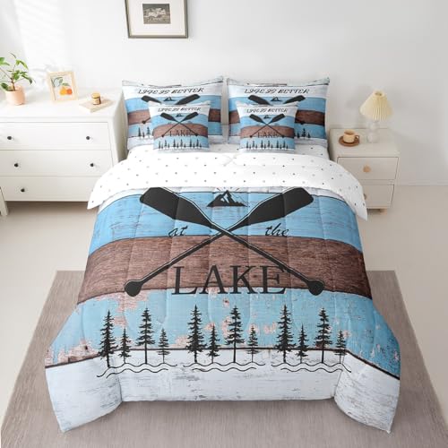 Erosebridal Lake House Comforter Set Twin 7 Piece,Rustic Cabin Paddle Bed in A Bag with Fitted Sheet,Flat Sheet for Kids Adults,Country Mountain Rainforest Bedding Set Farmhouse Decor - color: Black Blue Brown, size: Twin
