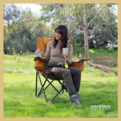ARROWHEAD OUTDOOR Portable Deluxe Folding Camp Quad Chair w/Headrest, Glass & Cup Holders, Armest 6-can Cooler, Heavy Duty Carry Bag, 550 lbs Weight Capacity - color: Tan