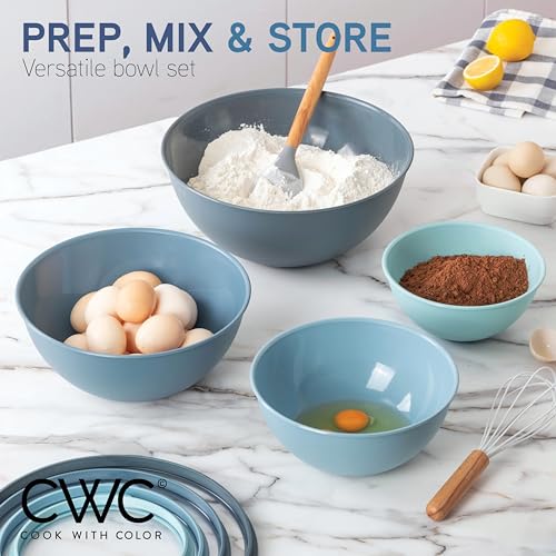 COOK WITH COLOR Mixing Bowls with Lids - 12 Piece Plastic Nesting Bowls Set includes 6 Prep Bowls and 6 Lids, Microwave Safe Mixing Bowl Set, Blue Tritan Lid - color: Blue Tritan Lid