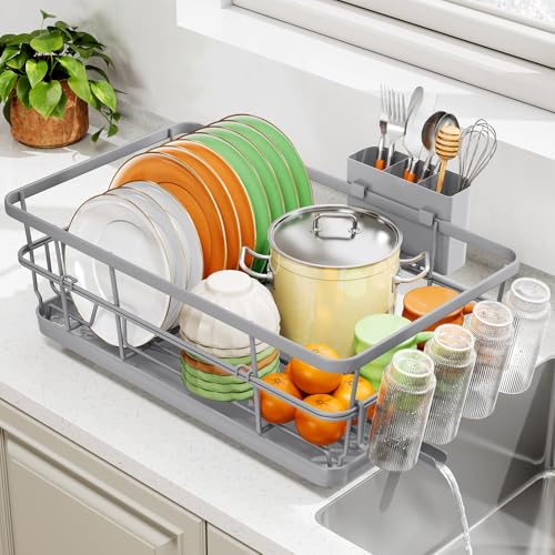 TOOLF Dish Drying Rack, Dish Racks for Kitchen Counter, Stainless Steel Sink Organization and Storage Essentials with Cutlery Holder, Dish Drainer, Home and Apartment Decor, 12.4''W x 16.5''L, Gray - color: Gray, size: XLarge