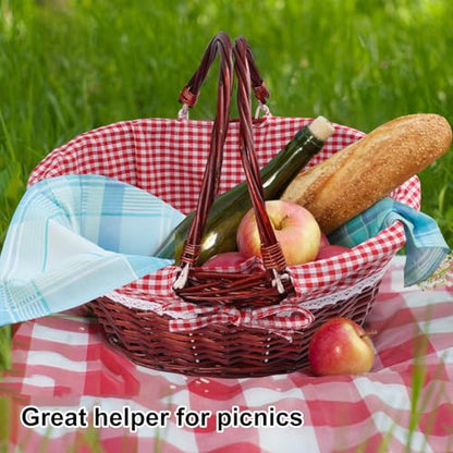 GNIEMCKIN 1 Pack 14.2 Inch Wicker Basket with Handle, Wicker Picnic Baskets with Red Checkered Liner, Oval Willow Woven Basket for Fruit, Wine, Wedding, Picnic(Brown Color) - size: 1 Pack 14.2 Inch Brown
