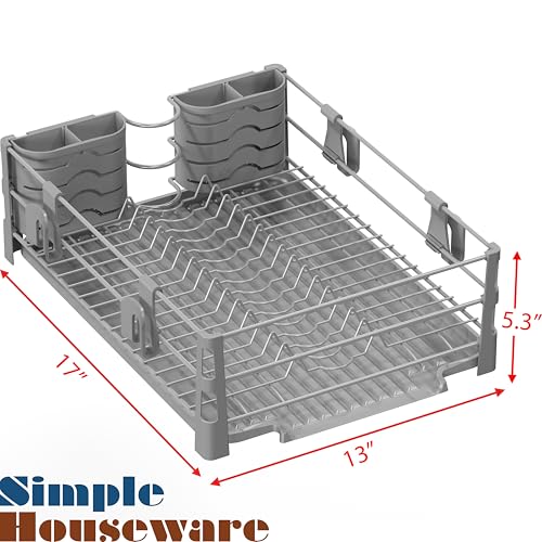 Simple Houseware Dish Drying Rack with Drainboard, Utensil Holder & Mug Hooks, Silver Metal Kitchen Counter Organizer - color: Silver