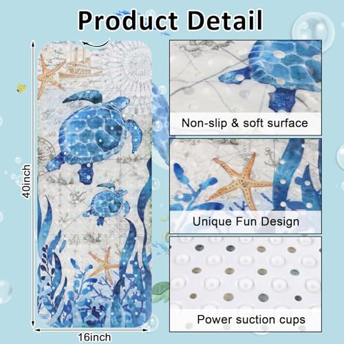 Topotdor Baby Bathtub Mat Non Slip for Kids, 40 X 16 Inch Cute Cartoon Bath Tub Shower Mat Anti Slip with Suction Cups & Drain Holes, Nautical Sea Turtles - color: Nautical Sea Turtles