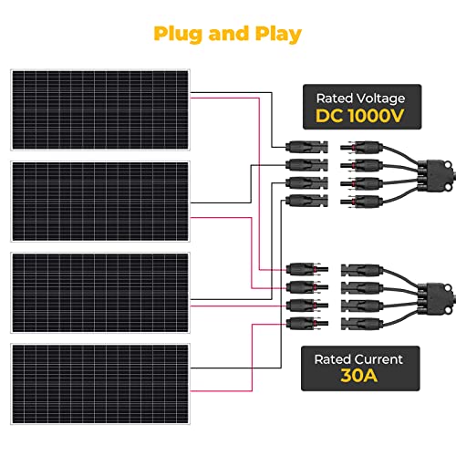 BougeRV Solar Y Branch Connectors Extra Long Solar Panel Parallel Connectors 1 to 4 Solar Cable Wire Plug Tool Kit (2 Pairs/M/FFFF and F/MMMM) - size: 2 Pairs/M/FFFF and F/MMMM