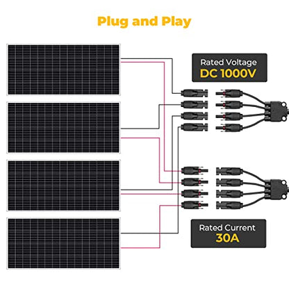 BougeRV Solar Y Branch Connectors Extra Long Solar Panel Parallel Connectors 1 to 4 Solar Cable Wire Plug Tool Kit (2 Pairs/M/FFFF and F/MMMM) - size: 2 Pairs/M/FFFF and F/MMMM