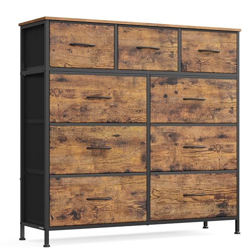 SONGMICS BELLAH Collection - Dresser for Bedroom, Chest of Drawers, Storage Organizer Unit, Closet, Entryway, Steel, 9 Drawers, Industrial, Rustic Brown and Ink Black ULGS324B02S - color: Rustic Brown + Ink Black, size: 11.8"D x 38.9"W x 37.5"H (9 Drawers