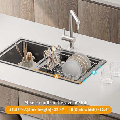 JAQ Over Sink Dish Drying Rack for Medium to Large Sink, Expandable 15.08"–22.4", Adjustable 304 Stainless Steel Dish Drainer with Utensil Holder, Large Capacity Holds Up to 13 Plates - size: 304 Stainless Steel - 13 dishes
