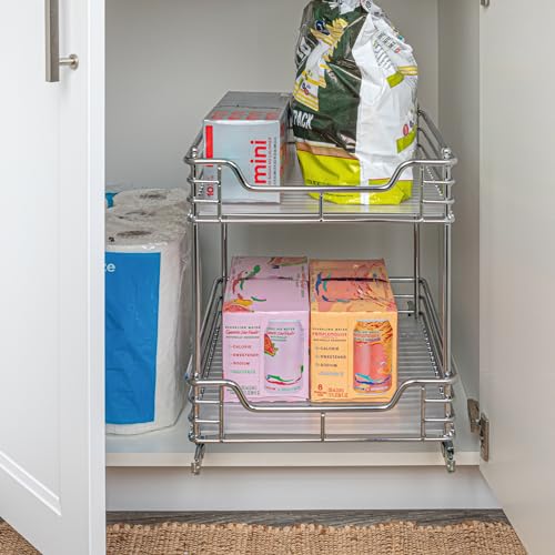 Household Essentials Glidez Chrome-Plated Steel Pull-Out/Slide-Out Storage Organizer with Plastic Liners for Under Cabinet Use - 2-Tier Design - Fits Standard Size Cabinet or Shelf, Chrome - size: 14.5" - Standard, style: 2-Tier