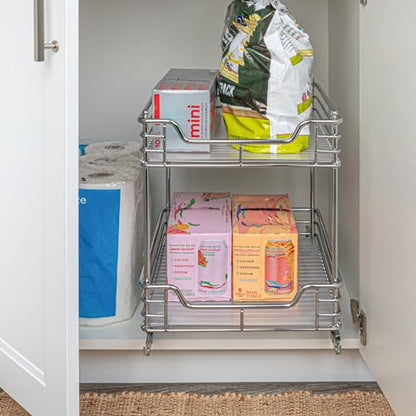Household Essentials Glidez Chrome-Plated Steel Pull-Out/Slide-Out Storage Organizer with Plastic Liners for Under Cabinet Use - 2-Tier Design - Fits Standard Size Cabinet or Shelf, Chrome - size: 14.5" - Standard, style: 2-Tier