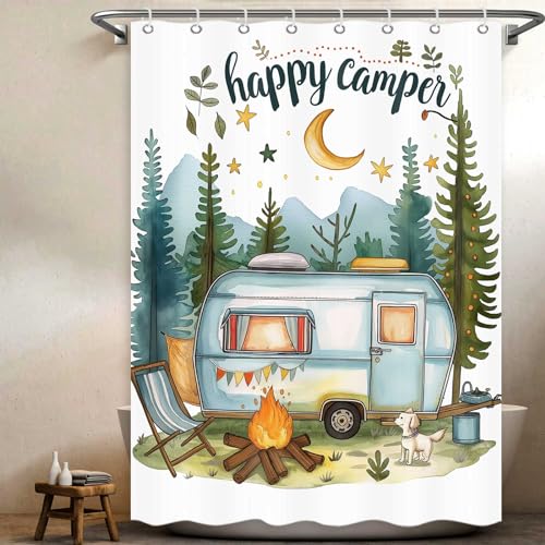 Happy Camper Small Stall RV Shower Curtain Rustic Tree Mountain Adventure Tent Camping Bathroom Curtains Travel Trailer Bathroom Accessories Set with Hooks 48 x 72 Inches - color: Blue, size: 48"W x 72"L (Pack of 1)