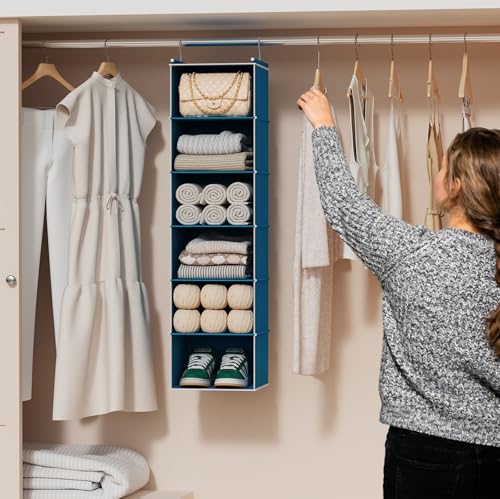 MAX Houser 6-Shelf Hanging Closet Organizer, Hanging Storage Shelves with 2 Sturdy Hooks Space-Saving for Bedroom, Foldable (Blue) - color: Blue