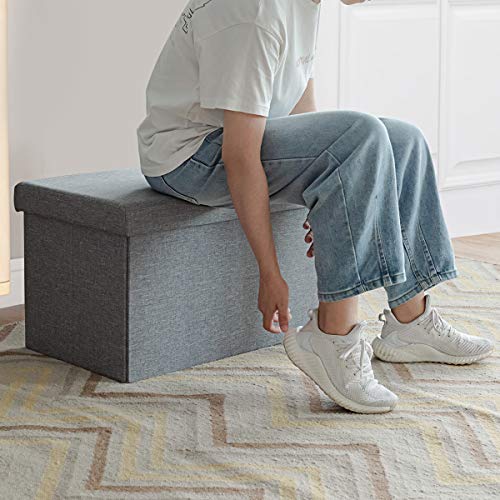 Folding Storage Ottoman w/Flipping Lid, End of Bed Bench, Fabric Shoe Bench w/Padded Seat, Upholstered Foot Rest Stool, Storage Box for Living Room, Bedroom, Entryway (Silver)