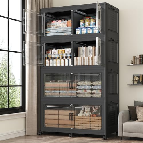 160Gal Stackable Storage Bins with Lid, 640Qt Extra Large Collapsible Storage Box with Wheels, Dividers, Folding Plastic Cabinet Closet Organizers for Home Kitchen Office Dorm, 4Pack Black - color: Black, size: 40Gal-4Pack