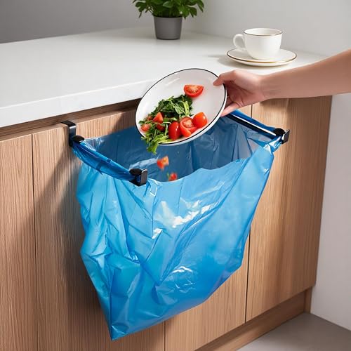 Large Trash Bag Holder for Kitchen Cabinets Doors, Under Sink Plastic Bag Hooks, Stainless Steel Garbage Bag Holder, Kitchen Trash Waste Cans (Black) - color: Black