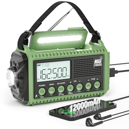 Eoxsmile NOAA Weather Radio 12000mAh - Emergency Radio Hand Crank Solar Battery Operated Portable AM/FM Shortwave Radio with USB-C Charger, Flashlight, SOS Alert for Home Outdoor Hurricane Survival - color: Army Green