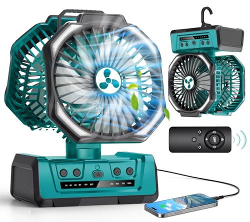 Dual Head Portable Rechargeable Fan 20000mAh Battery Powered Fan Camping Cordless with 360° Air Delivery, LED Lantern & Remote, Auto Oscillation, Battery Operated for Tent Office Travel Picnic Jobsite - color: Green, size: X Large