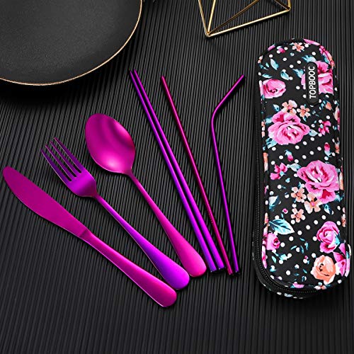 Travel Utensils,Reusable Silverware Set To Go Portable Cutlery Set with a Waterproof Carrying Case for Lunch Boxes Workplace Camping Picnic (Purple) - color: Purple