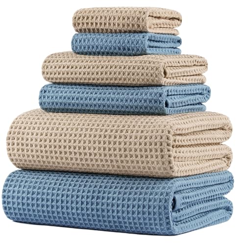 POLYTE 430 GSM Microfiber Quick Dry Lint Free Oversize Bath Towel Set, 6 Piece (Waffle Weave) - color: Beige,blue
